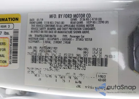 2019 Ford Fusion Hybrid Se z USA, uszkodzony, nr VIN 3FA6P0LU2KR188730